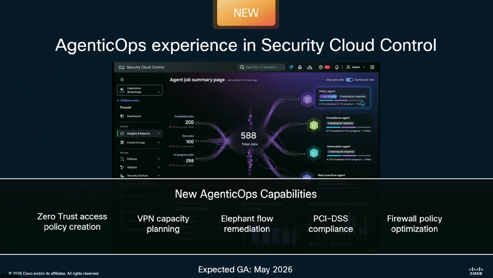 Security Cloud Control納入AgenticOps能力,整合零信任政策建立、VPN規劃、流量壅塞處置、PCI DSS合規檢核與防火牆政策最佳化,強化自動化能力。(資料來源:Cisco)