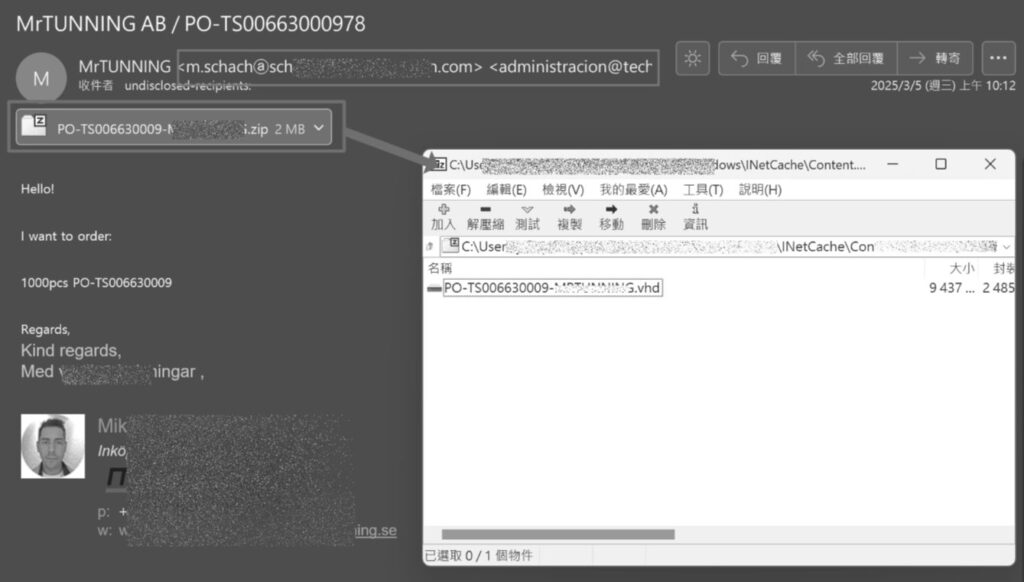 圖1 惡意郵件附件檔以.zip的方式，包裝了一個.VHD檔案。