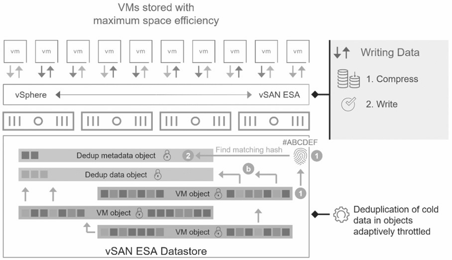 圖2 vSAN ESA運作架構重複資料刪除處理程序示意圖。（圖片來源：Global Deduplication in vSAN ESA for VMware Cloud Foundation 9.0）