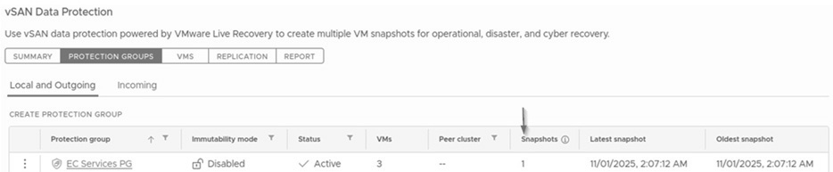 圖10 手動建立vSAN DP快照後，查看快照份數和快照建立時間資訊。