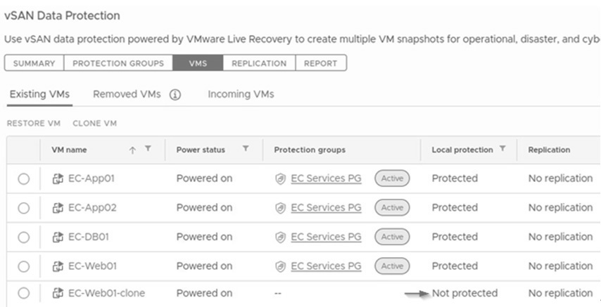 圖17 vSAN DP Clone VM快速複製部署的VM虛擬主機不受保護。