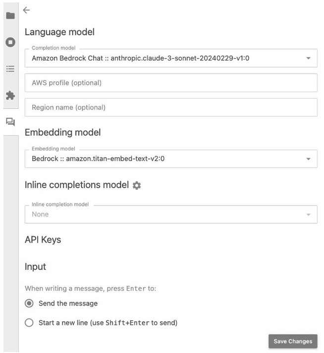 圖3 Jupyter-AI plugin設定畫面,展示選擇Claude 3 Sonnet作為語言模型、Titan v2作為向量嵌入模型。