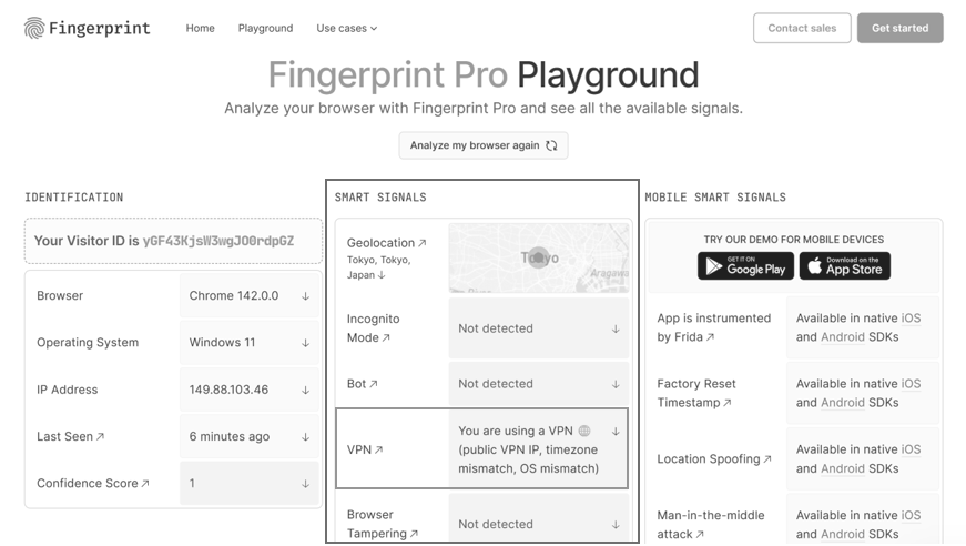 圖7 連線VPN後使用Fingerprint Pro Playground測試瀏覽器指紋。