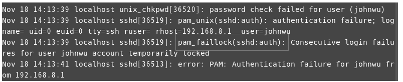 圖10 輸入3次錯誤密碼，因而讓pam_faillock封鎖。