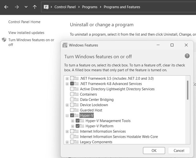 圖2 Windows 10及11安裝Hyper-V虛擬化技術示意圖。(圖片來源:安裝Hyper-V | Microsoft Learn)