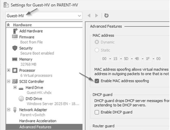 圖15 透過Hyper-V Manager為Level 1層級主機啟用MAC位址欺騙功能。