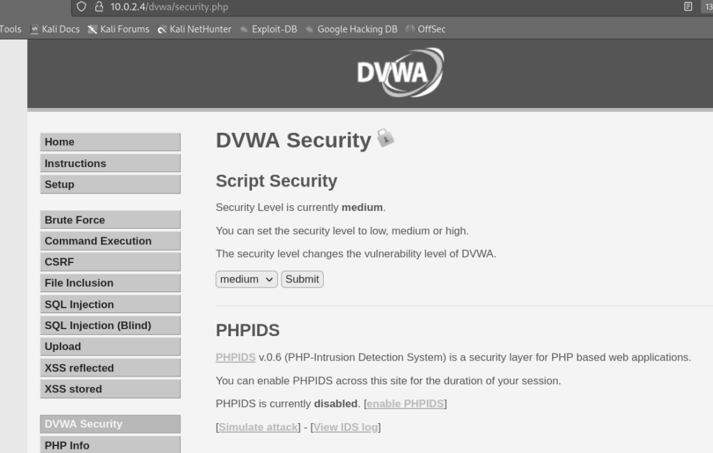 圖7 調整DVWA Security設定。